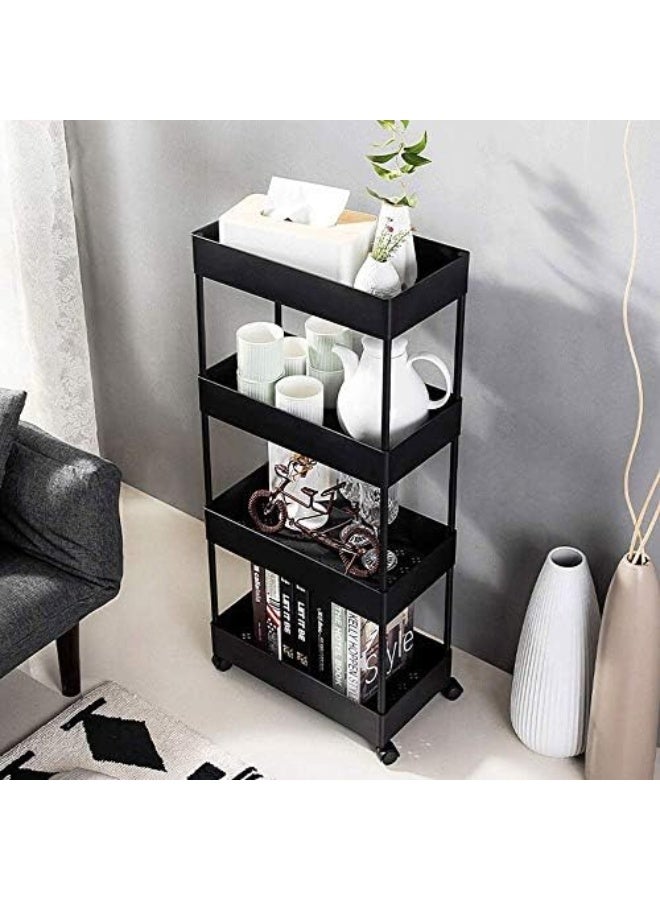 AQUILUX Rolling Storage Cart 4-Tier Slide Out Rolling Utility Cart Hollow Carved Storage Basket Organizer Shelf Rack with Wheels for Kitchen Bathroom Laundry (Black) - Image 2